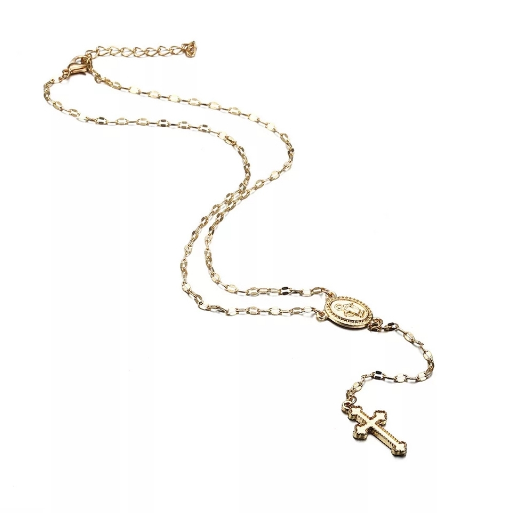 Gold Mary Coin + Cross Rosary Chain Necklace - Picture 3 of 4